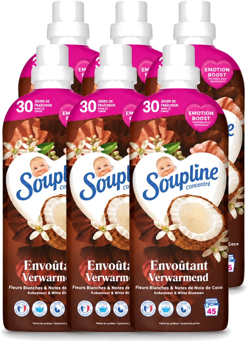 6 x Soupline – Wasverzachter – Verwarmende Kokosnoot & Witte Bloemen – 950 ml - Voordeelverpakking - 6 stuks