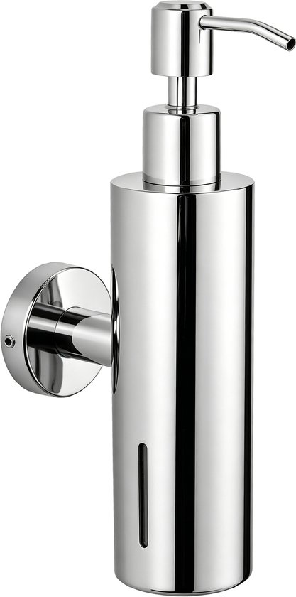 Chroomkleurige zeepdispenser voor wandmontage met een gebogen tuit en een kijkvenster.