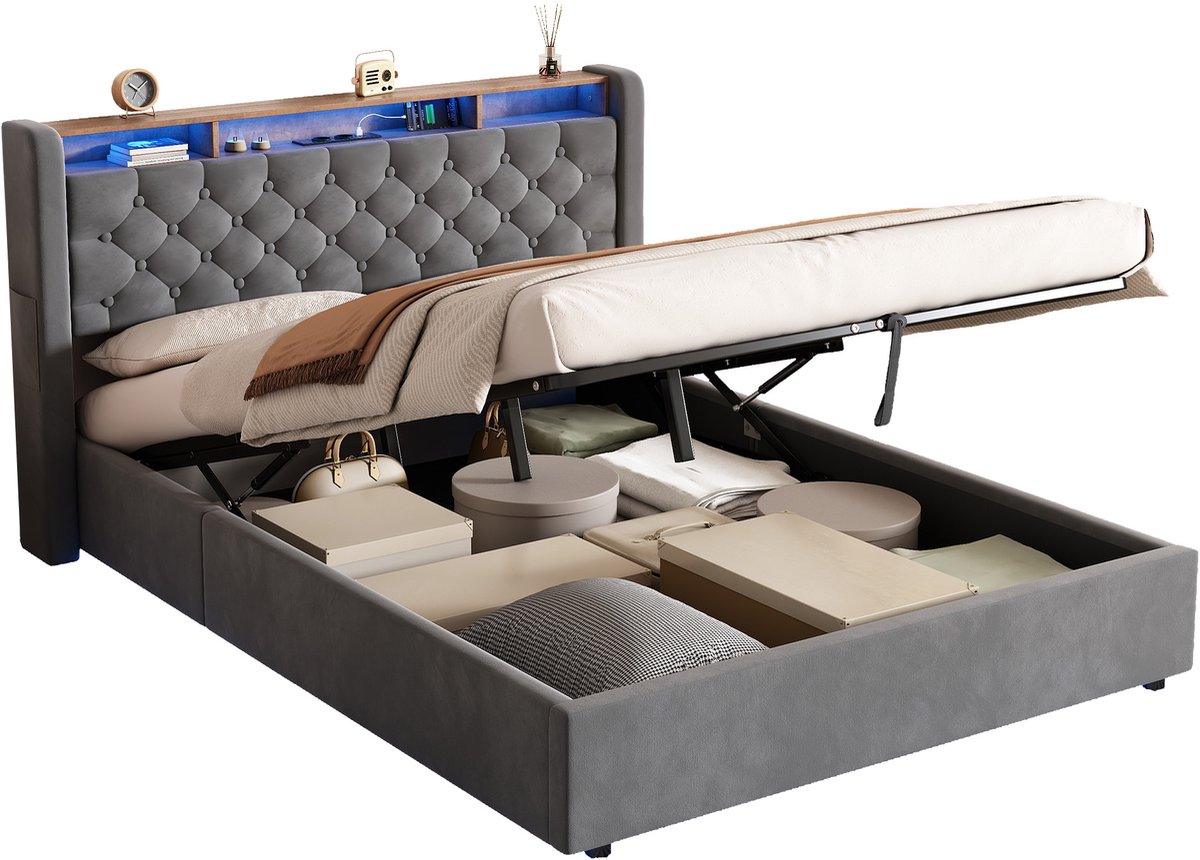 MODENUIT Gestoffeerd Bed 140x190 cm - Met Opbergruimte En Opklapbaar Hoofdbord met Stopcontact En LED Verlichting - Fluweel - Donkergrijs - Zonder Matras