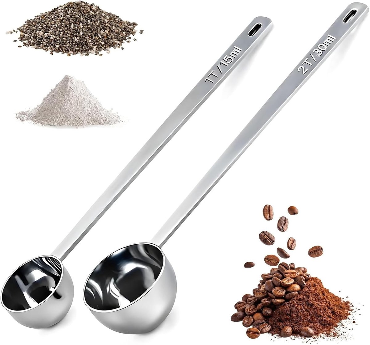 Set van 2 RVS Maatlepels met Lange Handgreep, Perfect voor Koken en Bakken, 15 ml en 1 fl oz