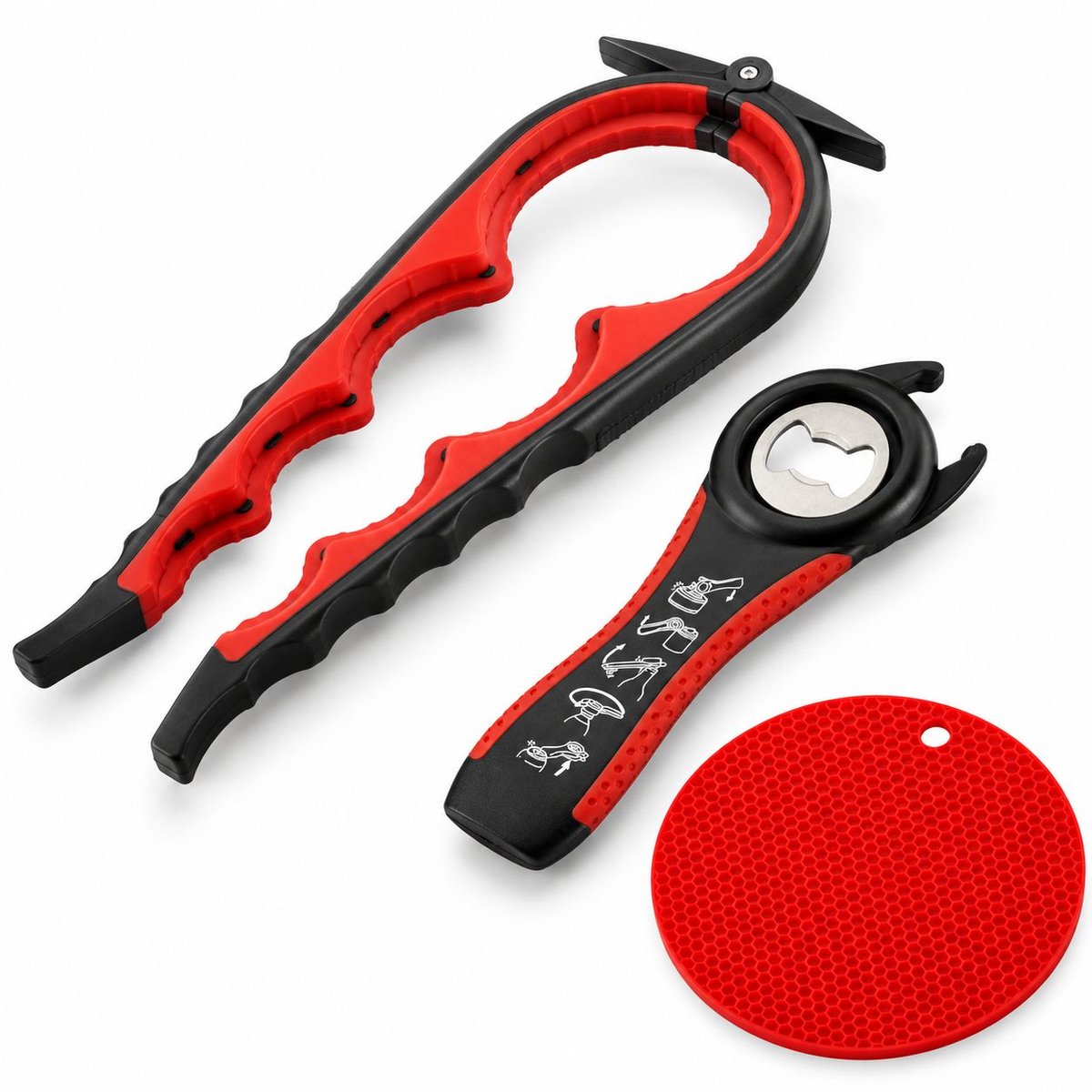 VHV - Blikopener - Met antislip rubberen - Zwart/rood - Multifunctionele opener - Ouderen opener - Fles opener - Keuken hulp - in de keuken