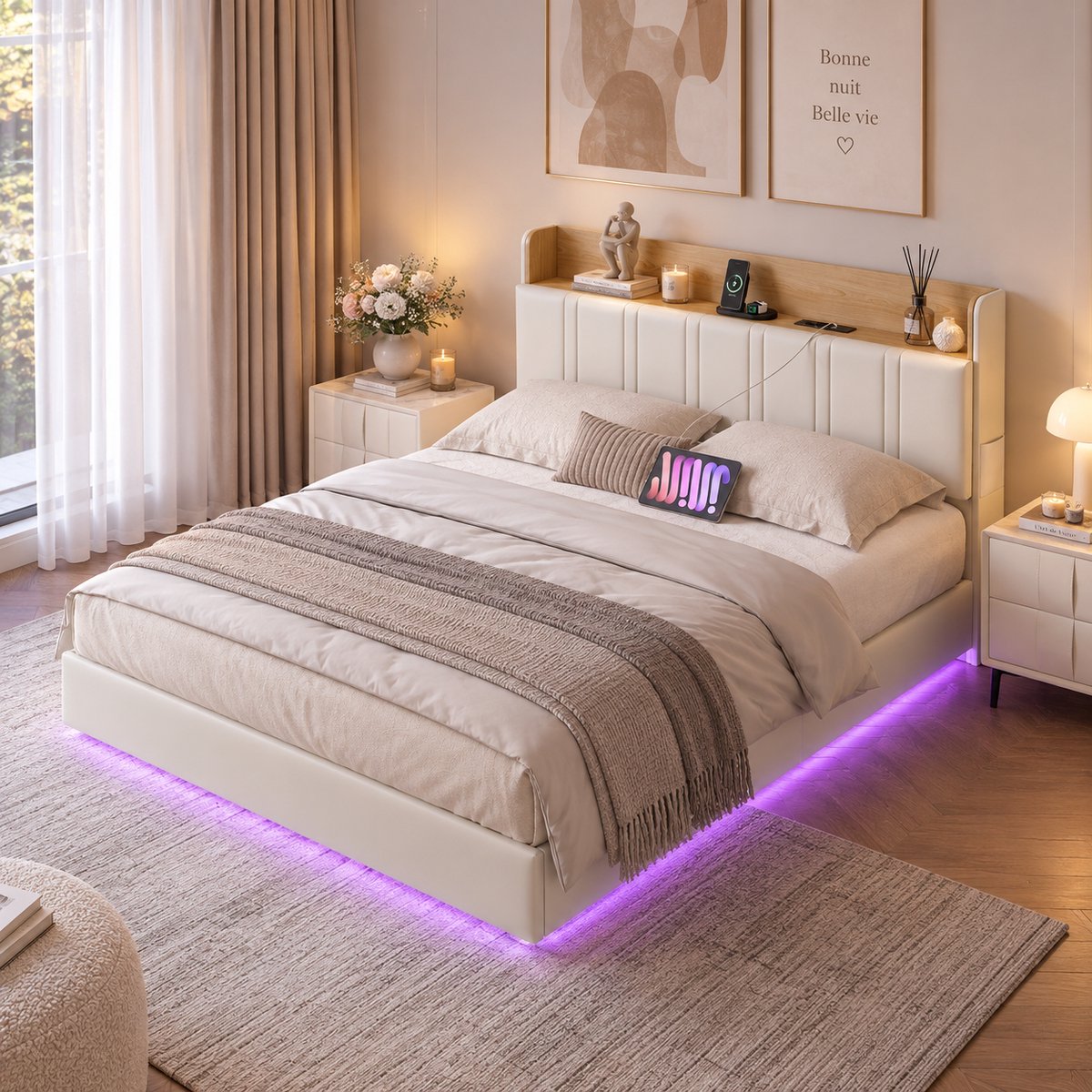 MEXUS Tweepersoonsbed 160x200 met LED- en USB-aansluiting, lattenbodem, zwevend frame met lattenbodem en opbergruimte in het hoofdeinde, 2-persoonsbed voor volwassenen en tieners (PU Wit)