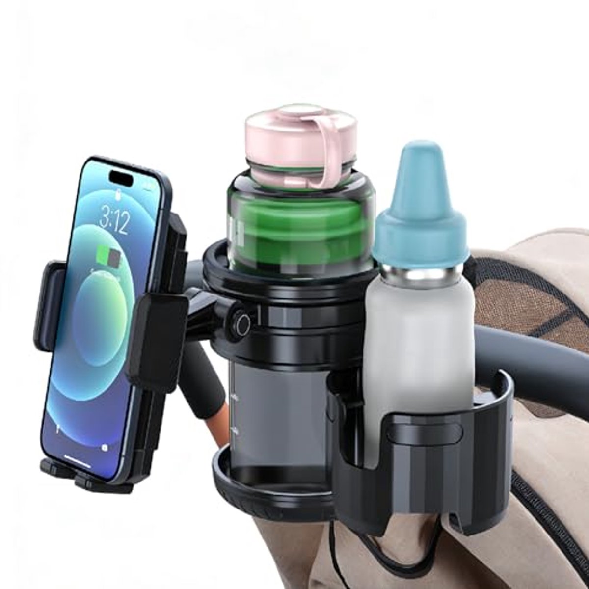 Namajunas - 3 IN 1 Universele Bekerhouder Kinderwagen - Met telefoonhouder - Draaibaar - Bekerhouder Fiets - Bekerhouder Buggy - Bidonhouder Fiets - Cupholder Kinderwagen - Bekerhouder Rolstoel - Voor Kinderwagen, Buggy en Fiets