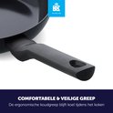 Close-up van een zwarte koekenpan met een donkergrijze, ergonomische koudgreep en BK logo.