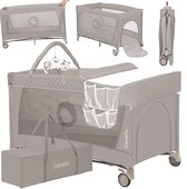 Lionelo Flower Campingbedje 2in1 – Reisbedje – 0-36 Maanden – 2 Matrasniveaus – Verschoontafel met Organizer – LockGuard – Zij-ingang met Rits – Speelboog met 3 Speeltjes – Wieltjes – Snel Inklapbaar – Transporttas