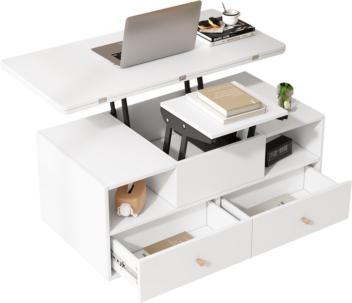 MUVANO In hoogte verstelbare salontafel - Salontafel met 4 lades - Uitschuifbare eettafel - 100x50x47,5 cm - Hydraulisch hefsysteem - Witte salontafel