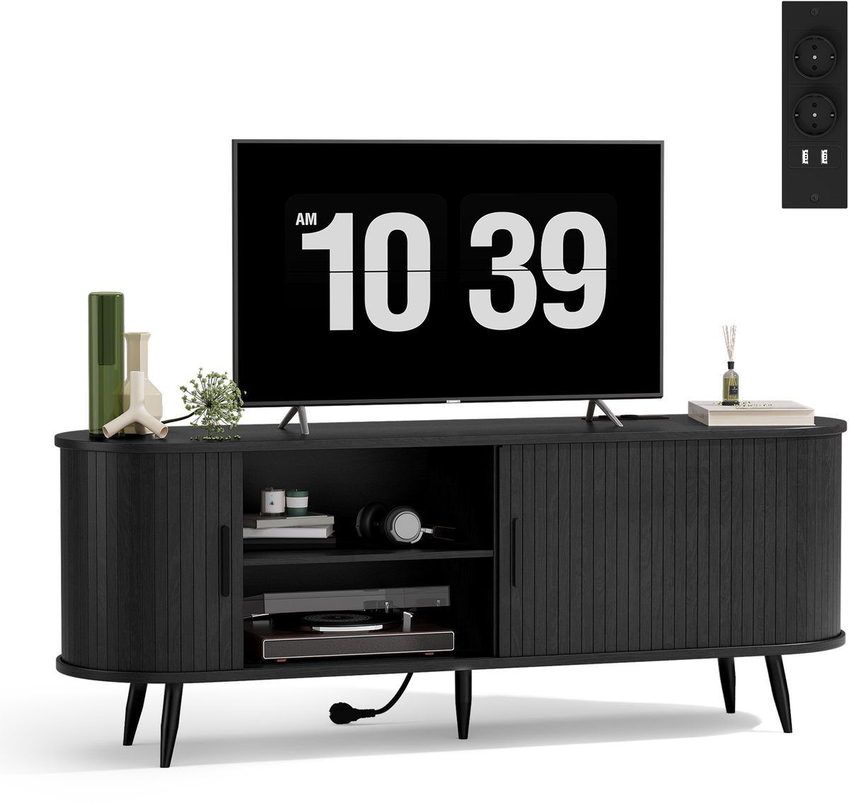 Xbro TV Meubel – Moderne TV Kast met 2 Verstelbare Planken en EU-Stopcontact – Zwart