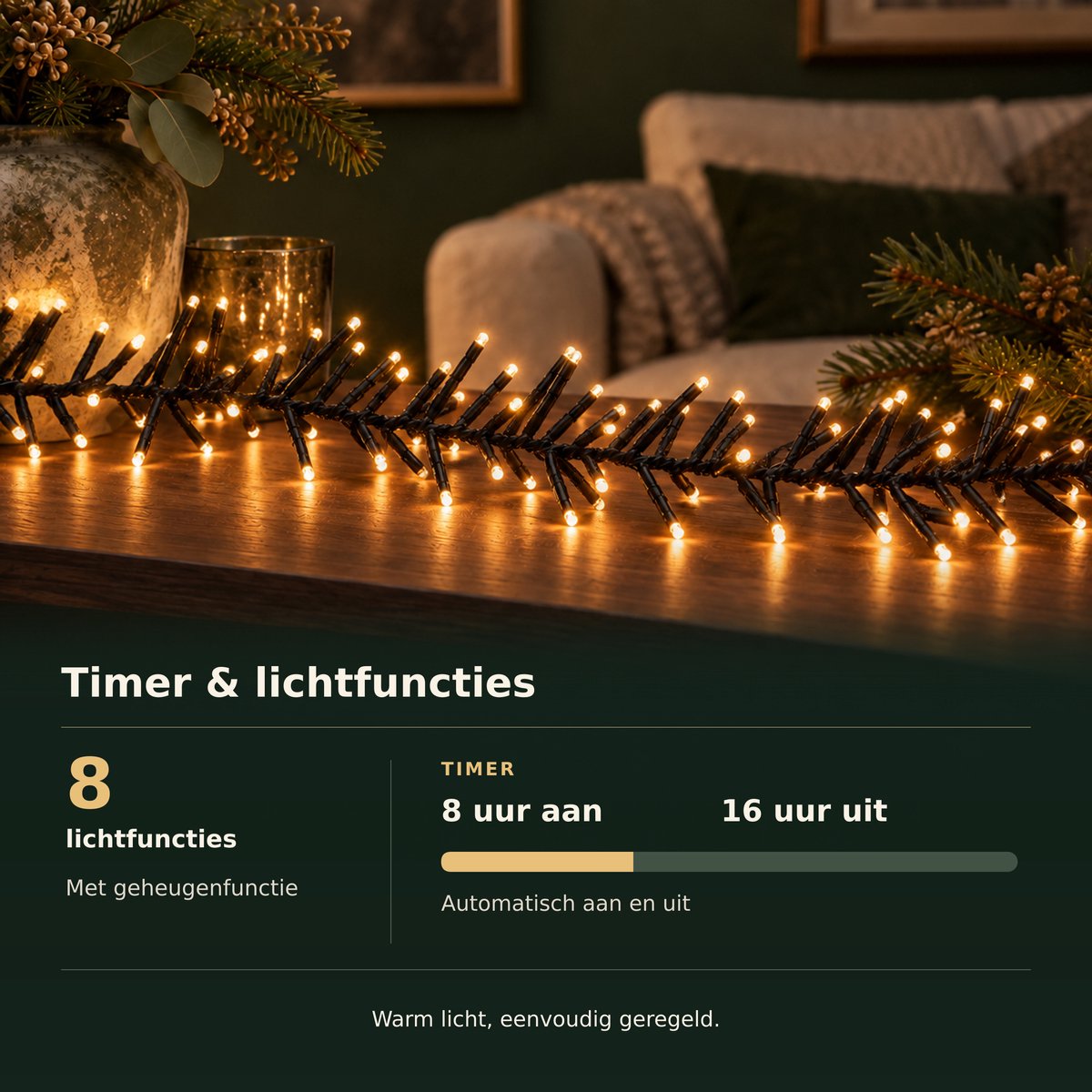 EasyMart Clusterverlichting 768 LED - Kerstverlichting - Kerstboomverlichting Extra Warm Wit - Voor Binnen en Buiten - Timer - 8 Lichtfuncties met Geheugen - IP44 - 5,5 m Verlicht + 3 m Aanloopsnoer - 8,5 m Totale Lengte - Kerstdecoratie – foto 4