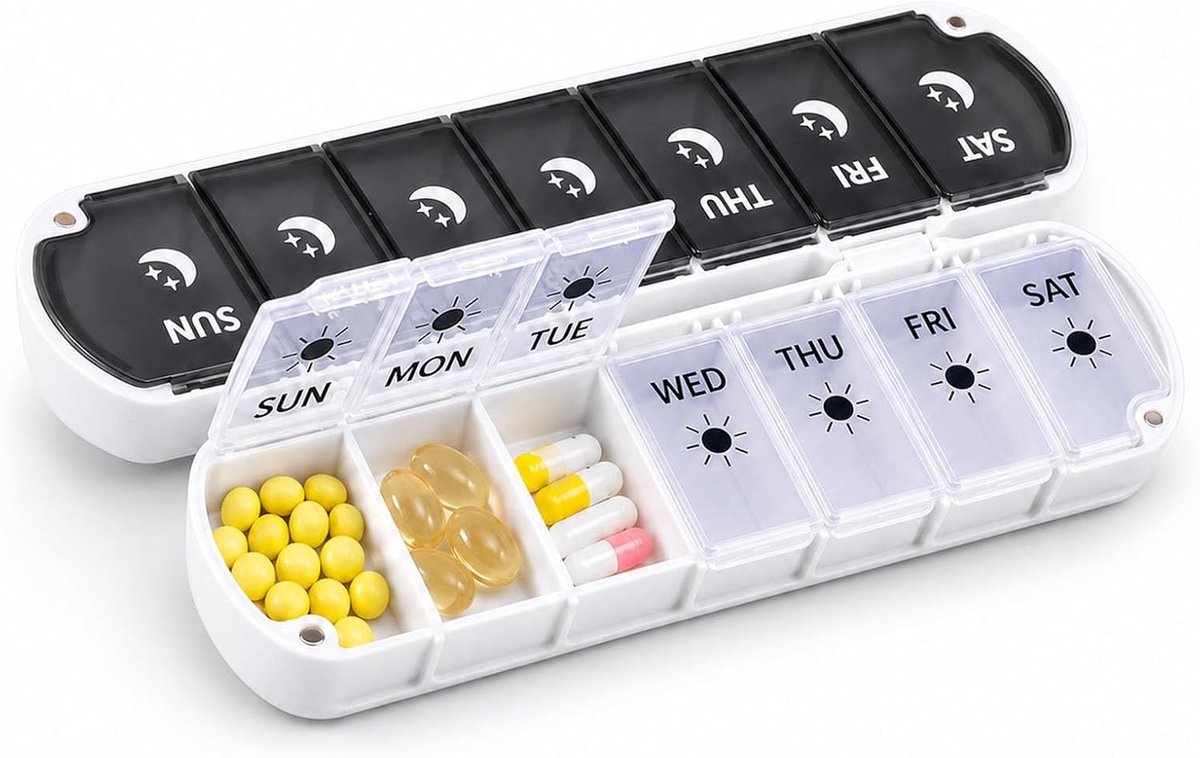 Wekelijkse pillendoos met 14 vakken, BPA-vrij en draagbaar voor medicijnen en vitamines, ideaal voor 7 dagen gebruik