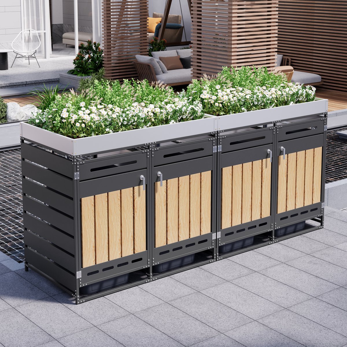 Containerberging Afsluitbaar – FloraGrace 274 bij 79 bij 125 cm – Metaal – Zwart – 4 Vakken met Plantenbak voor Buiten met Ventilatie
