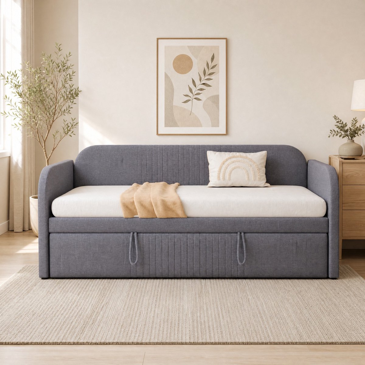 WUVRIE Uitklapbare slaapbank 90x190/180x190 cm met lattenbodem en verticale strepen, grijs