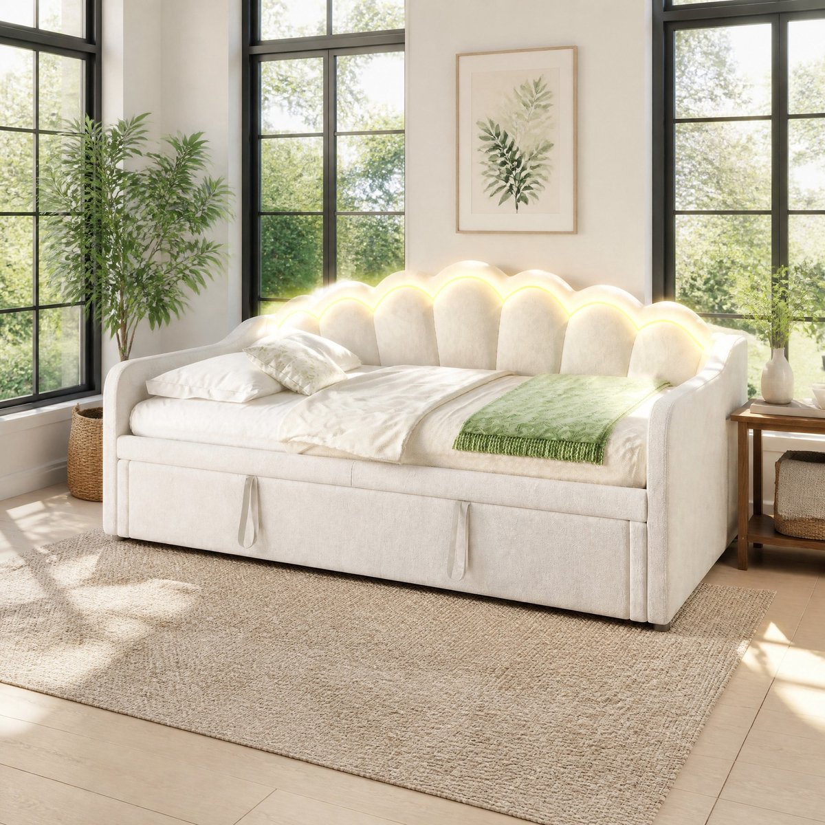 WUVRIE Uitschuifbare slaapbank 90x200/180x200 cm met LED-verlichting en uittrekbed, beige