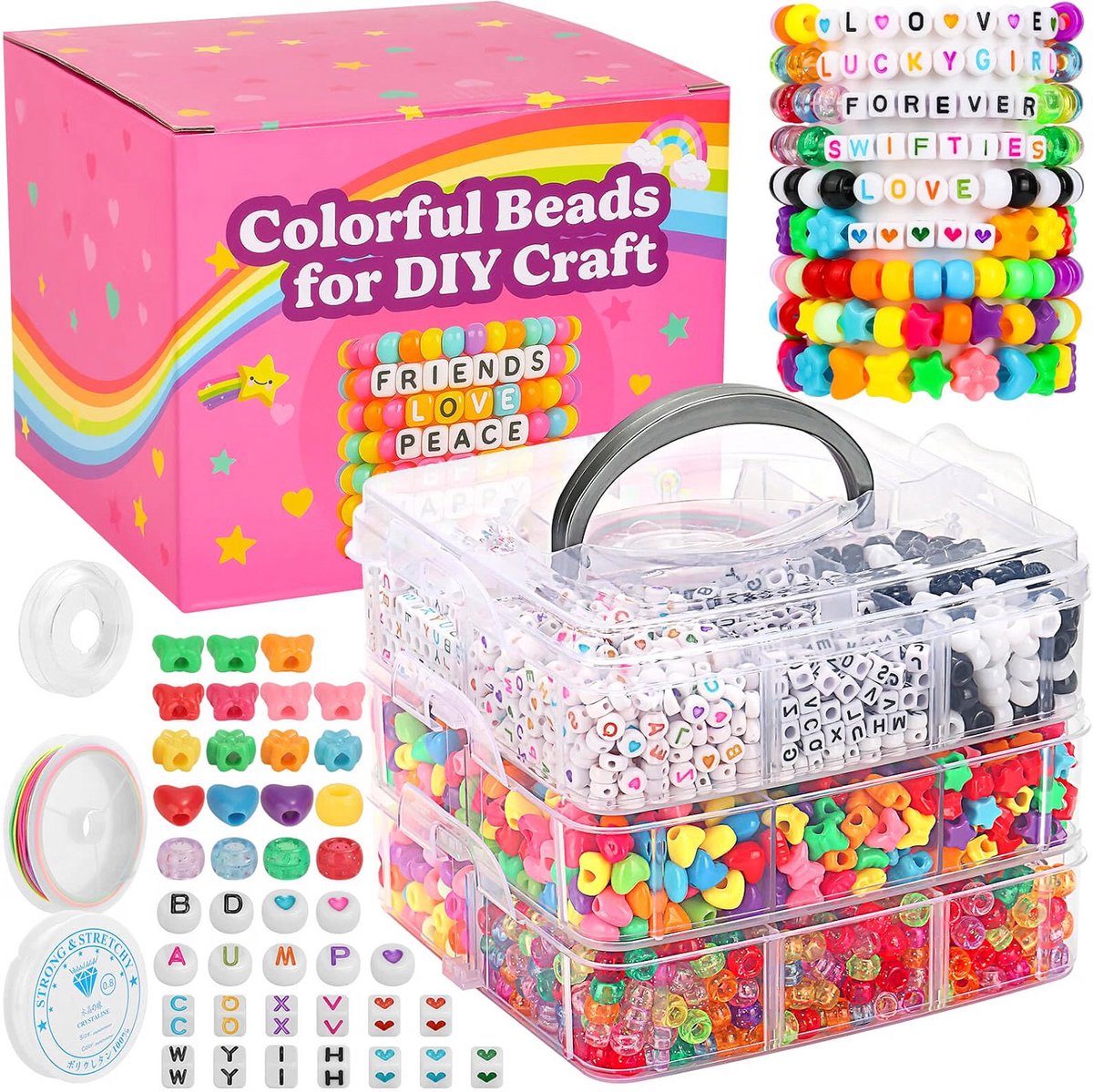 Pony kralen set - Armbanden zelf maken - Vriendschapsbandjes knutselen - Letterkralen en figuren - Inclusief elastisch koord - Driedelige opbergdoos - Sieraden knutselpakket - Meerkleurig - 3800 stuks