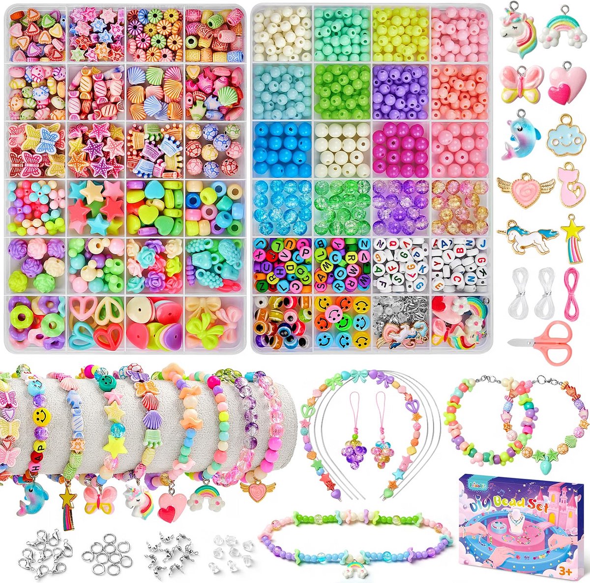 Kralen voor armbanden - Sieraden maken kinderen - Letterkralen en bedels - Kettingen en sleutelhangers - Inclusief elastisch koord - Twee opbergdozen - Creatieve cadeauset - Meerkleurig - 46 soorten