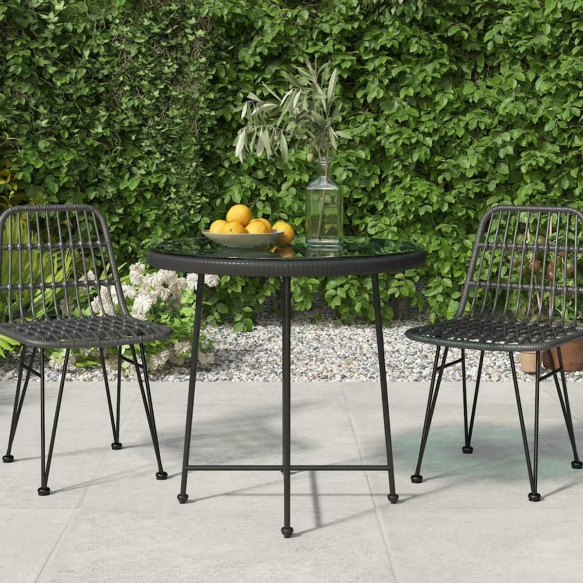Eettafel, zwart, diameter 80 cm, met hardglasplaat en stalen frame, voor tuin, terras en buiten, 1 stuk, stabiele PE-rotan tafel met voetkappen, eenvoudig te reinigen