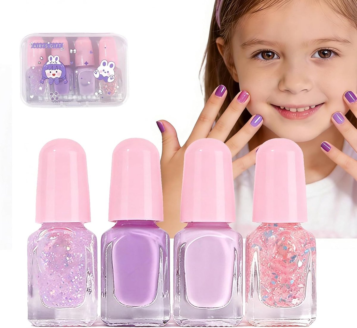 4 niet-giftige nagellak voor kinderen, set op waterbasis, paars, niet-giftig, sneldrogend, verwijderbaar - ShopVlot