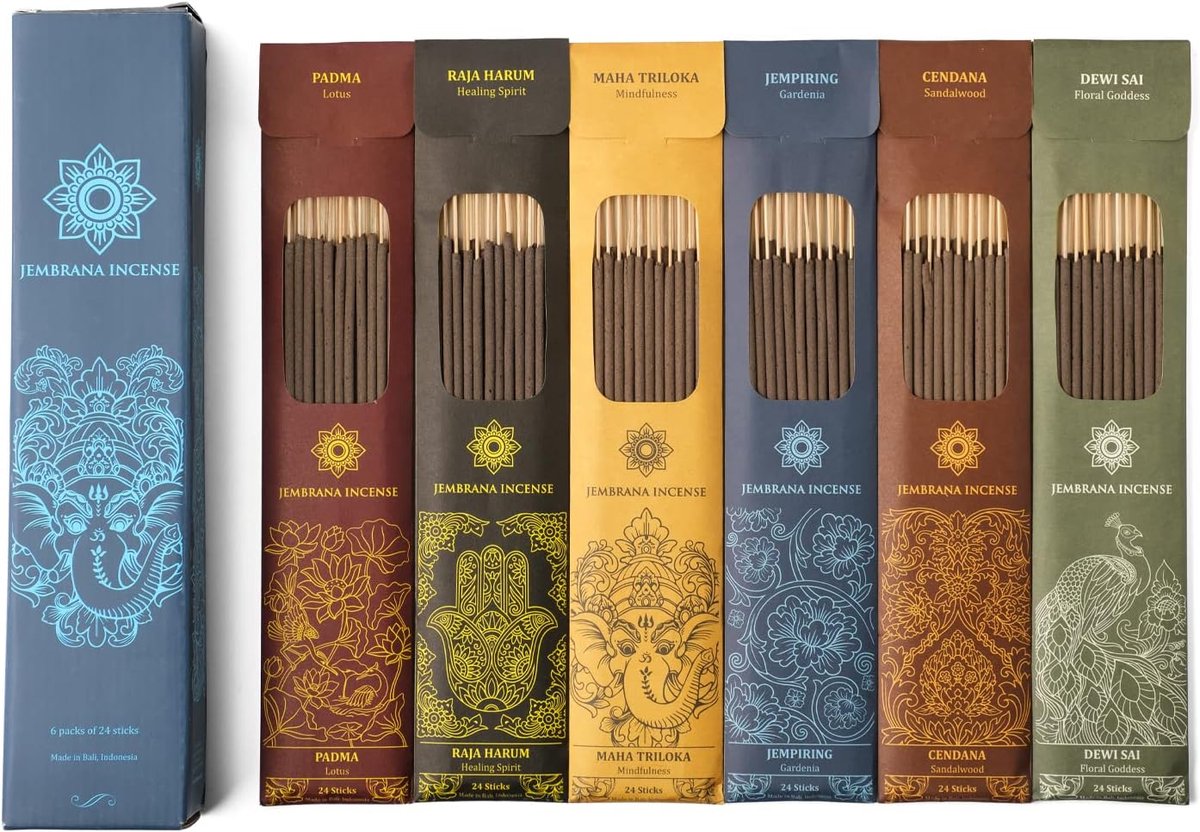 Jembrana Incense Sticks Mix 6 fragrances (144 sticks in total), 24 sticks of sandalwood, amber, maha triloka - ShopVlot