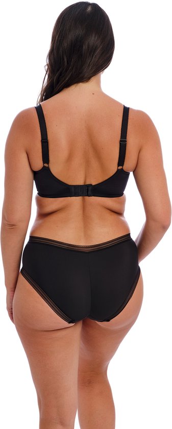 Achterkant van model in zwarte Fantasie Fusion beha en bijpassende slip met doorschijnende accenten.
