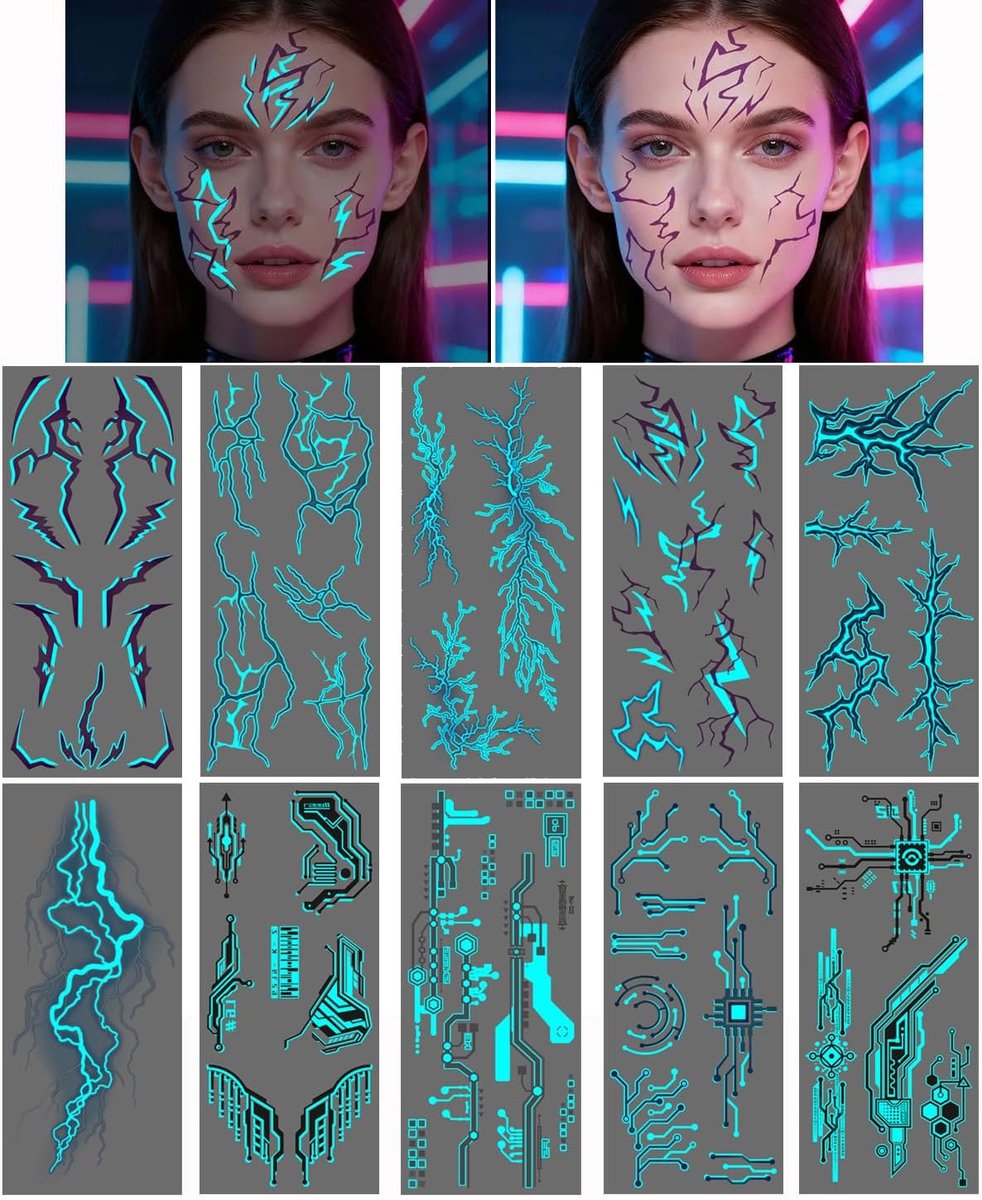Tijdelijke Tattoos Demon Volwassenen, Rosymormor Heksenbloed Sci-fi Gezicht Lichaam Kunststickers, Nep Bliksem Tattoos Anime Jager Cosplay Voor Kpop Rave Halloween Feesten Coachella Carnaval