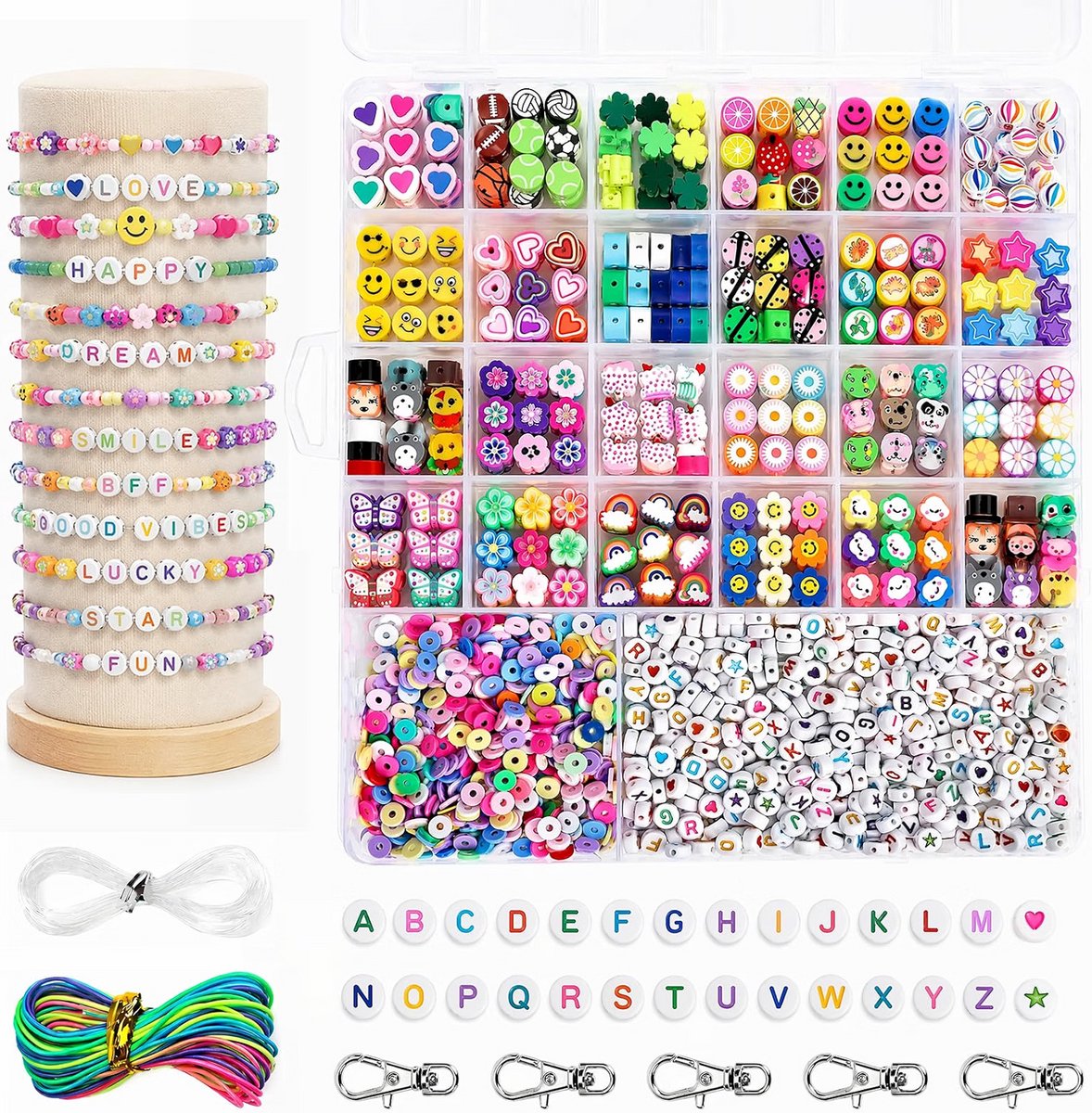 Kralenset voor kinderen - Polymeerkralen armbandjes maken - Letterkralen creatief knutselen - Sieraden ontwerpen thuis - Inclusief koord karabijnhaken - Opbergdoos houdt gesorteerd - Meerkleurig - 1.800 onderdelen