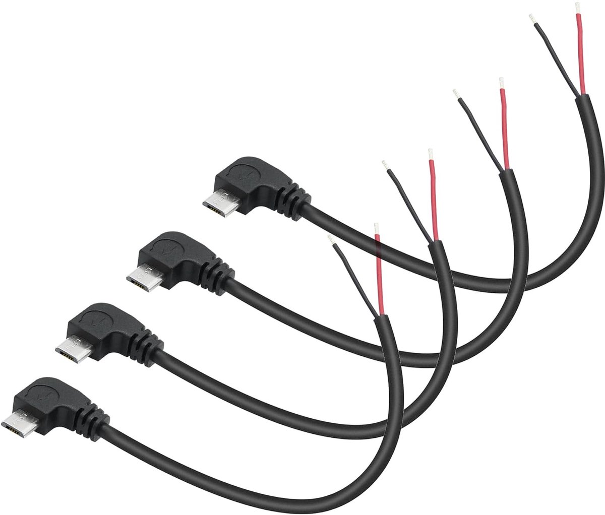 4pcs Right Angle Micro-USB to 2Pin Bare Wire Open End Wire 30cm/11in, 90 degree plug pigtail power cable 22AWG 5V/3A - ShopVlot