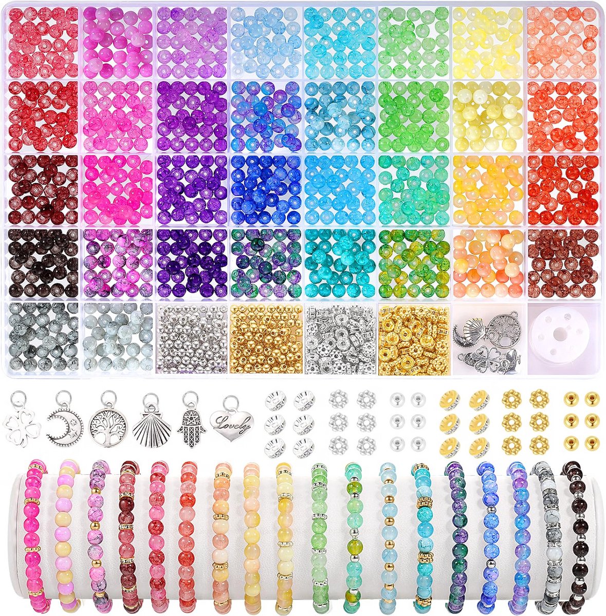 Glaskralen voor armbanden - Kristallen sieraden maken - Afstandskralen plus hangers - Kleurrijk knutselen volwassenen - Elastisch koord inbegrepen - Opbergdoos met vakken - Gemengde kleuren - 1.396 stuks 6 mm