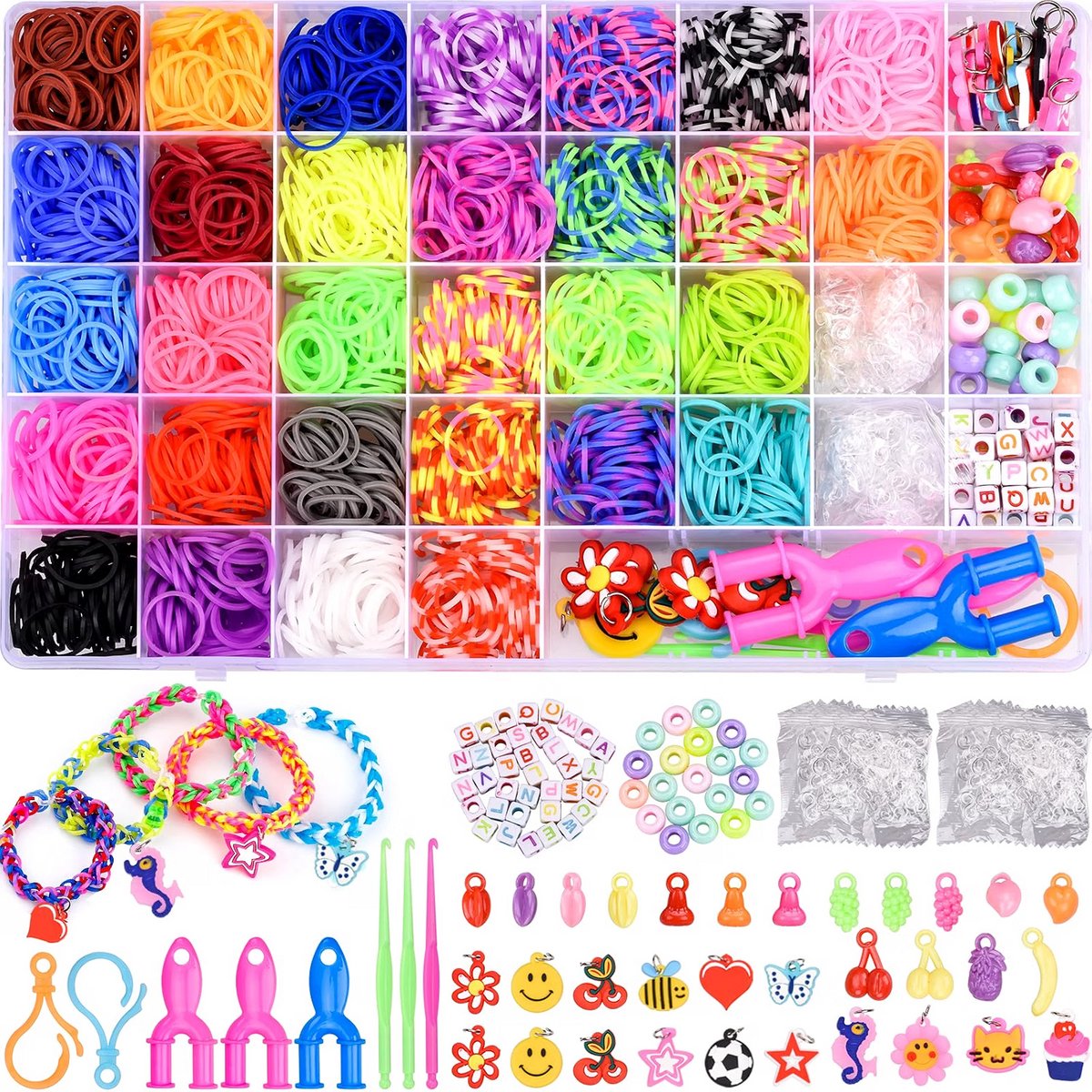 Loom bands set - Armbandjes zelf maken - Elastiekjes voor kinderen - Creatief sieraden knutselen thuis - Opbergdoos met vakken - Inclusief letters bedels - 32 kleuren - 2500 onderdelen