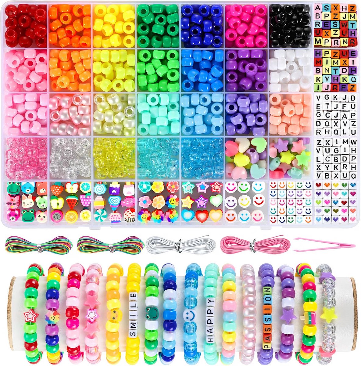 Pony kralen set - Armbandjes zelf maken - Letterkralen smileys combineren - Vriendschapsbandjes creatief knutselen - Inclusief elastiek pincet - Fruit dieren bloemen - 26 kleuren - 1042 onderdelen