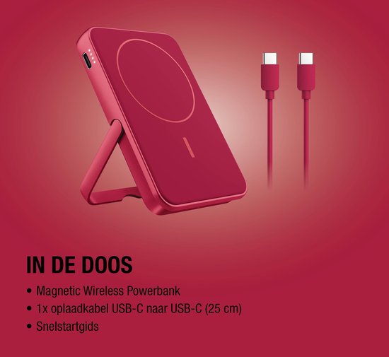Rode magnetische powerbank met ingebouwde standaard, twee rode USB-C kabels.