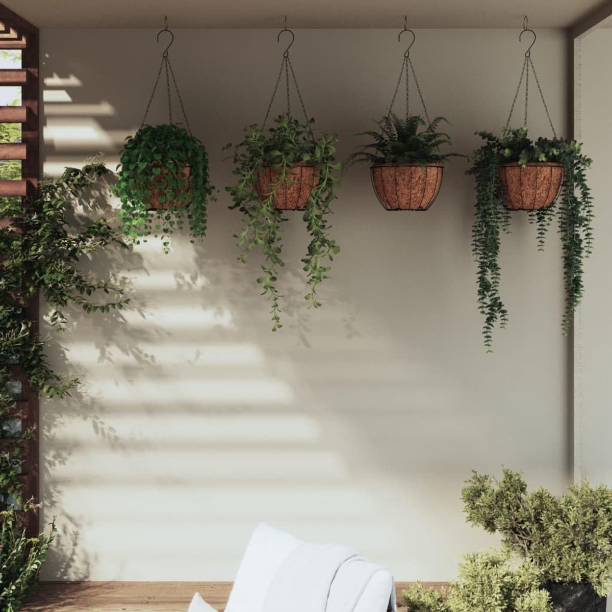 Set van 4 plantenhangers, zwart, diameter 30 cm, hangmand van gepoedercoat staal met kokosinzetstuk voor tuin, balkon en terras