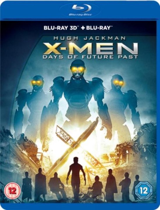 Blu-ray cover van X-Men: Days of Future Past met Hugh Jackman en Sentinels. Leeftijdsindicatie 12.