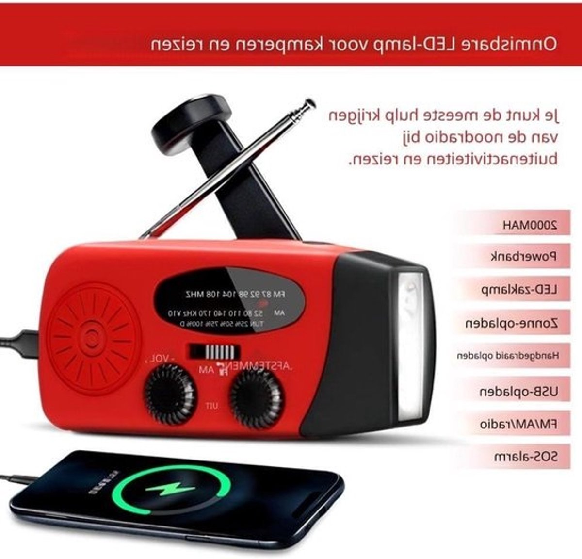 AM/FM-noodradio - Draagbare veiligheidsradio - Voor noodsituaties - Met meerdere oplaadopties - 2000 mAh-batterij - Rood