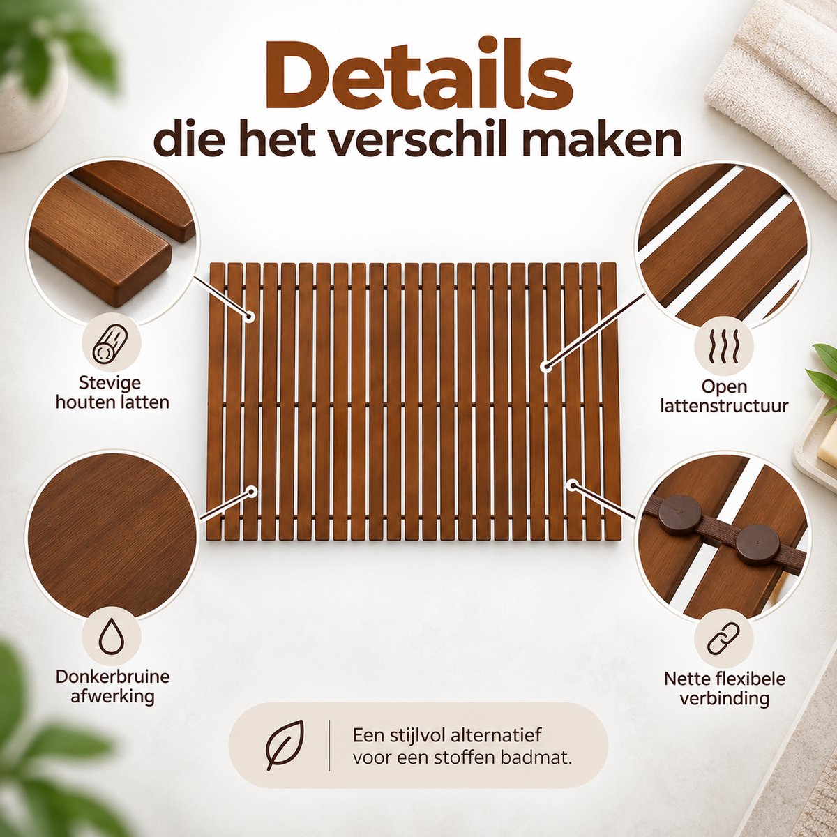 Houten Douchemat 40 x 60 cm – Oprolbare Badmat van Hout – Donkerbruin – Houten Badkamermat voor Douche & Badkamer – Donker Bruin — cadeau in Wonen & Interieur - foto 2