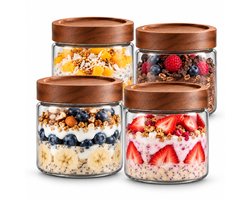 Bangosa Overnight Oats Potjes Glas - 4 x 650 ml - Acaciahouten Deksel