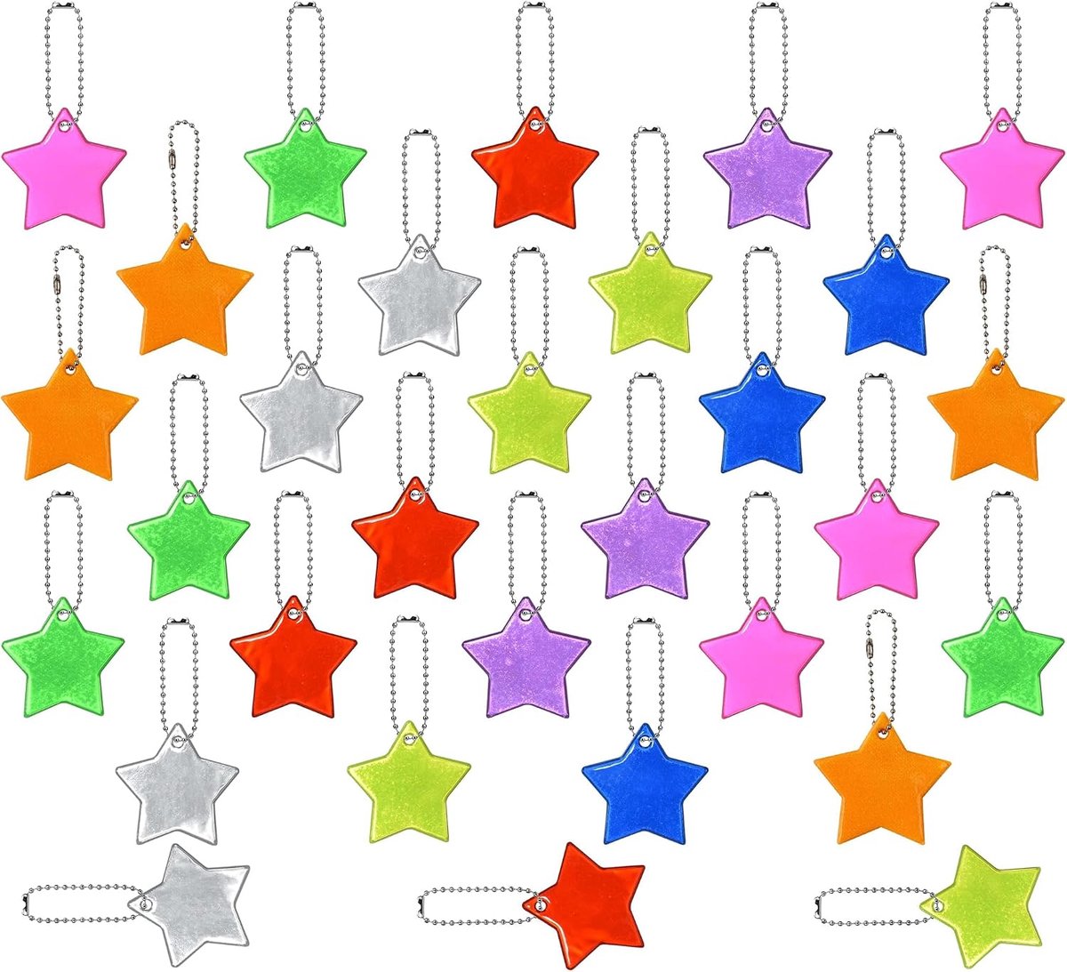 Reflecterende Ster Hangers – Reflectieset in 8 Kleuren – Voor Rugzak, Jas, Sporttas en Fiets – Reflecterende Accessoires voor Kinderen en Volwassenen – 5,5 × 5,5 cm – 30 Stuks
