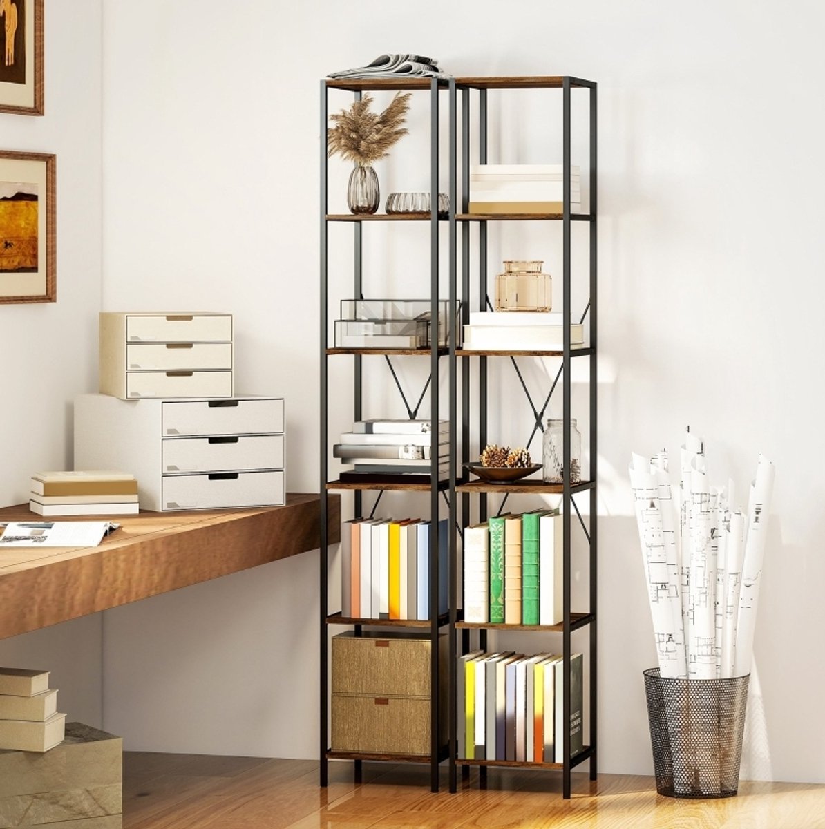 DESMIU Boekenkast – 2-Delig met Zes Niveaus – 30 Bij 30 Bij 174,5 cm – Hout en Koolstofstaal – Rustiek Bruin – Open Opbergruimte