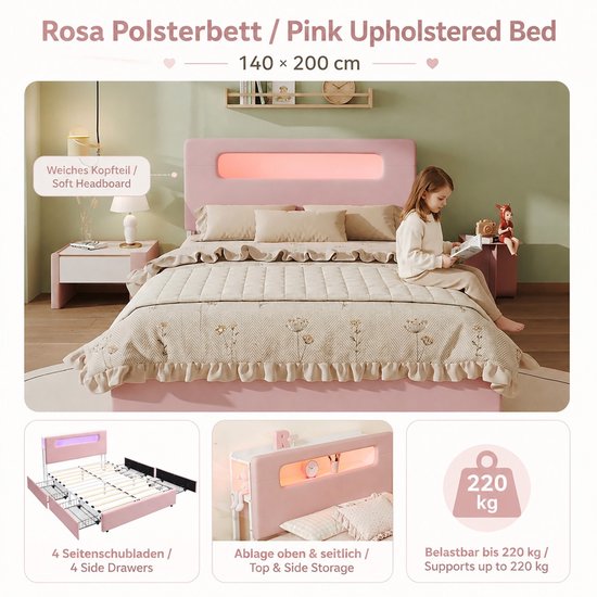 Roze gestoffeerd bed 140x200cm met led-hoofdeinde, opbergruimte, kind leest op bed in slaapkamer.