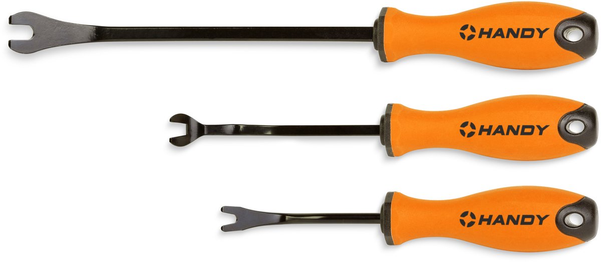 Handy Bekleding- En Paneelclip Verwijderset Auto – Set Van 3 – Gehard Koolstofstaal – 200/225/300 mm – Kop 13/18/22 mm – Antislip Tweecomponenten Handgreep – Oranje/Zwart [10629]
