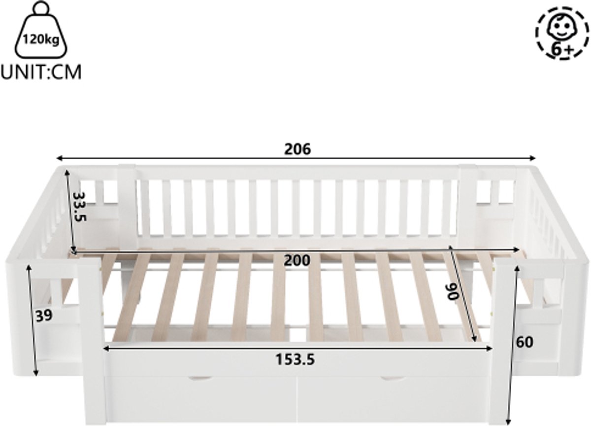 Merax Eenpersoonsbed 90x200cm - met hoge beschermrail en twee grote lades - wit