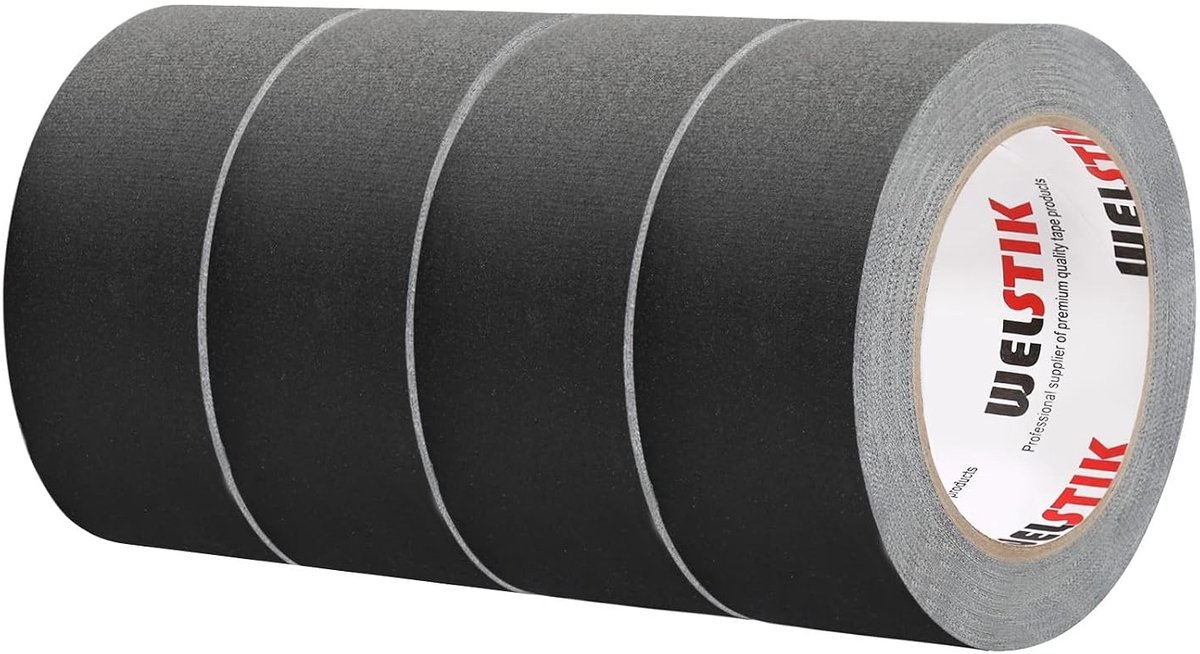 Duurzame Gaffer Tape voor Kabels en Decoratie, Residuvrij en Niet-Reflecterend, 50 mm x 27 m, Zwart, Set van 4