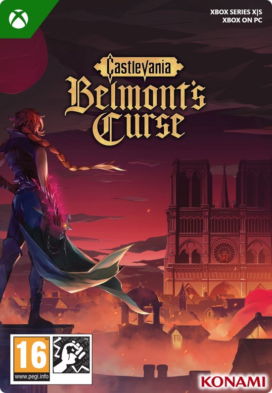 Cover van Castlevania: Belmont's Curse voor Xbox, met een krijger die uitkijkt over een gotische stad bij zonsondergang.