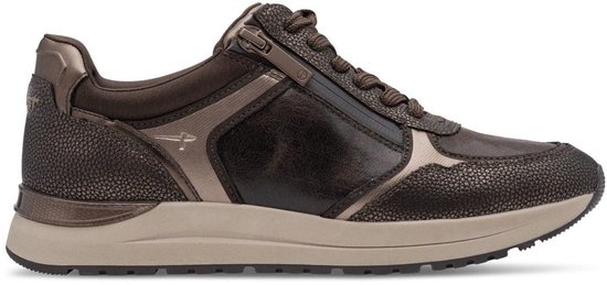 Bruine Tamaris dames sneaker met rits, lak en suède details.