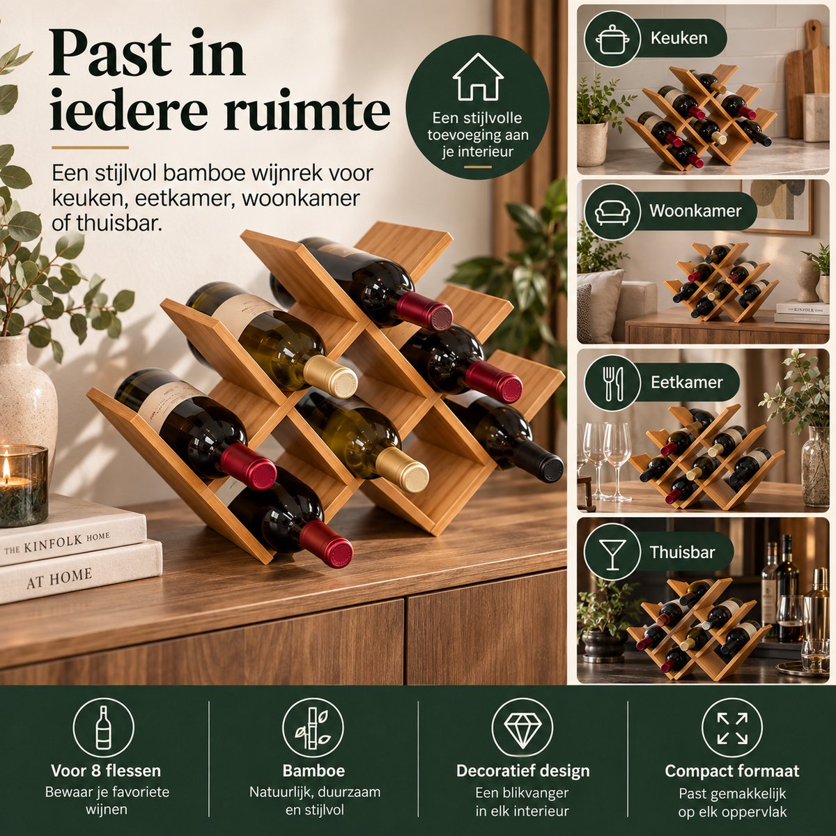 Bamboe Wijnrek voor 8 Flessen – Houten Flessenrek – Wijnflessenhouder – Vrijstaand Wijnrek – 46,5 x 32 x 16,5 cm – Bruin — cadeau in Wonen & Interieur - foto 4