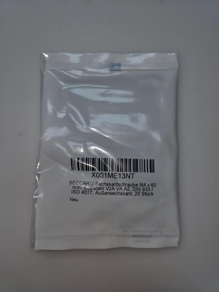 SECCARO Hex head screw M4 x 60 mm, stainless steel V2A VA A2, DIN 933 / ISO 4017, hexagon, 20 pieces - ShopVlot