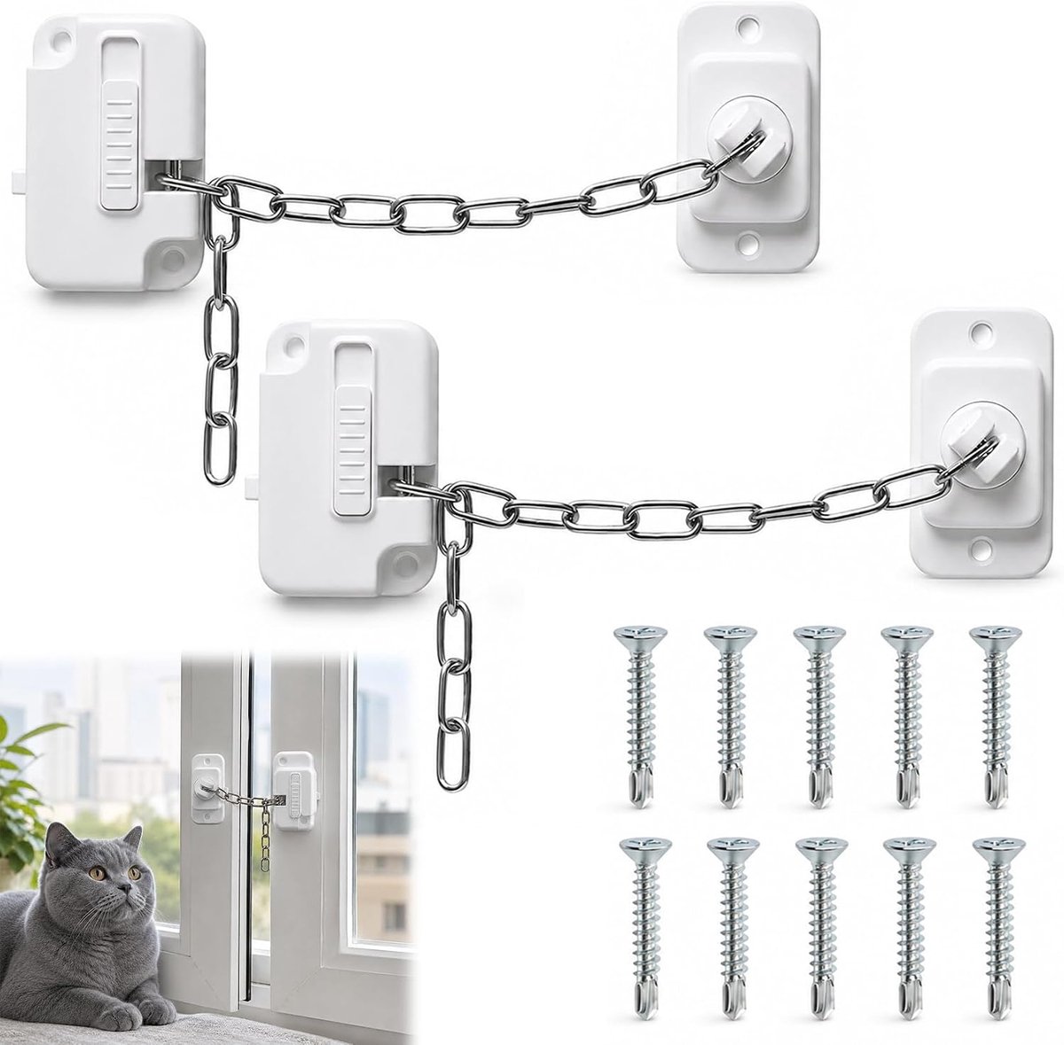 2 stuks raambescherming kat, deurketting zonder boren - ShopVlot