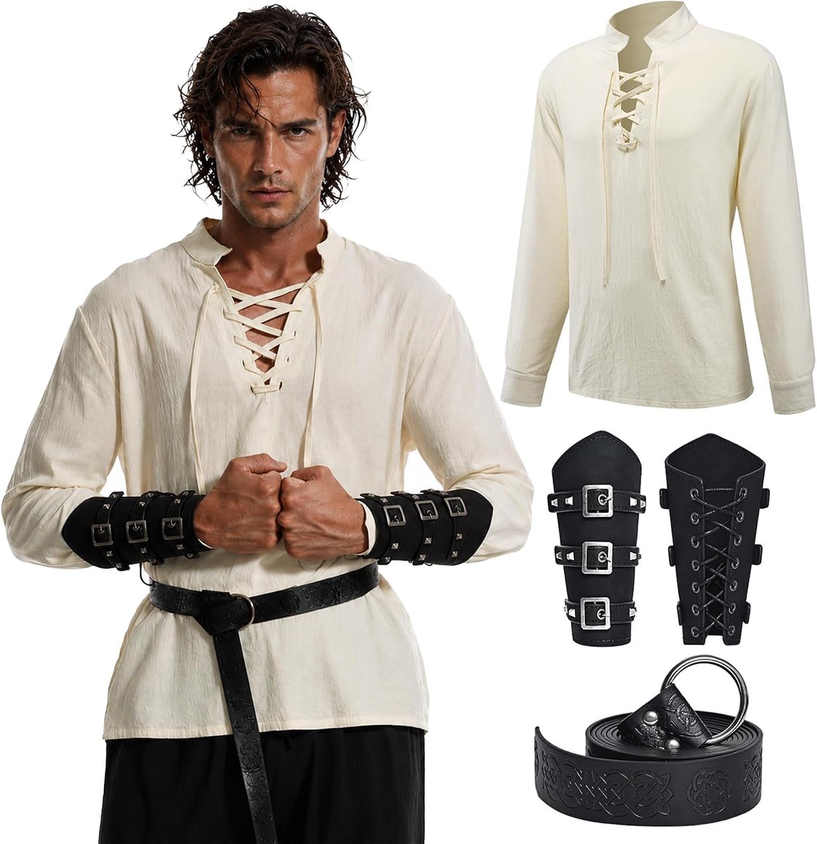 Men's Medieval Clothing Renaissance Costume Set with Belt Wrist Guards Accessories Set of 5 for Cosplay, Wizard - ShopVlot