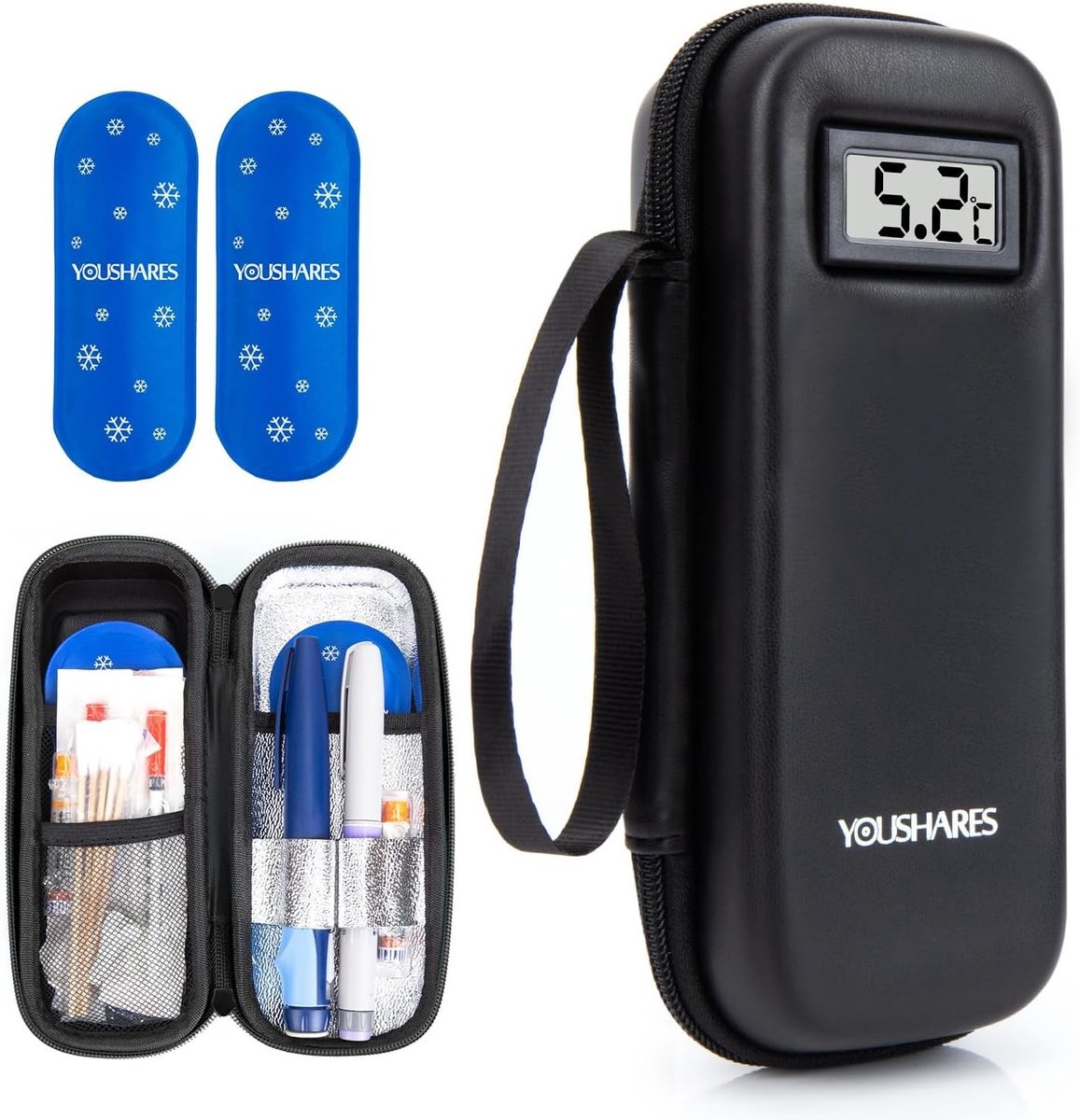 Insuline koeltas met 2 TSA gekoelde batterijen, mini medicijn koelbox voor reizen, geïsoleerde tas voor diabetes en medicatieaccessoires, zwart