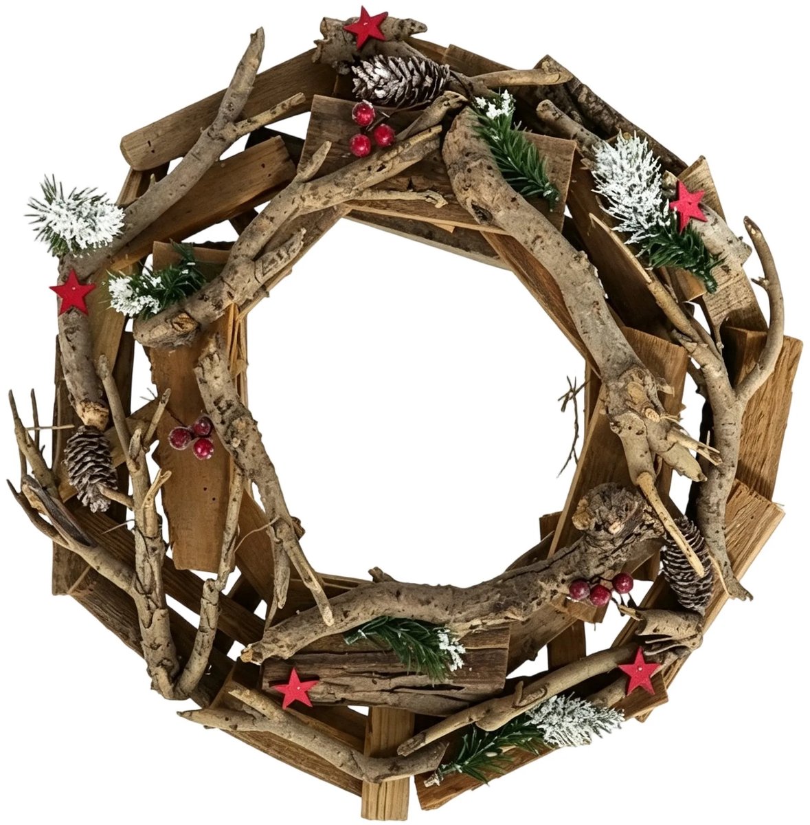 Molhaus Stoere Houten Kerstkrans 40 cm - Robuuuste Herfstkrans - Dennenappels, Rode Bessen en Sterren - Kerst - Winterkrans