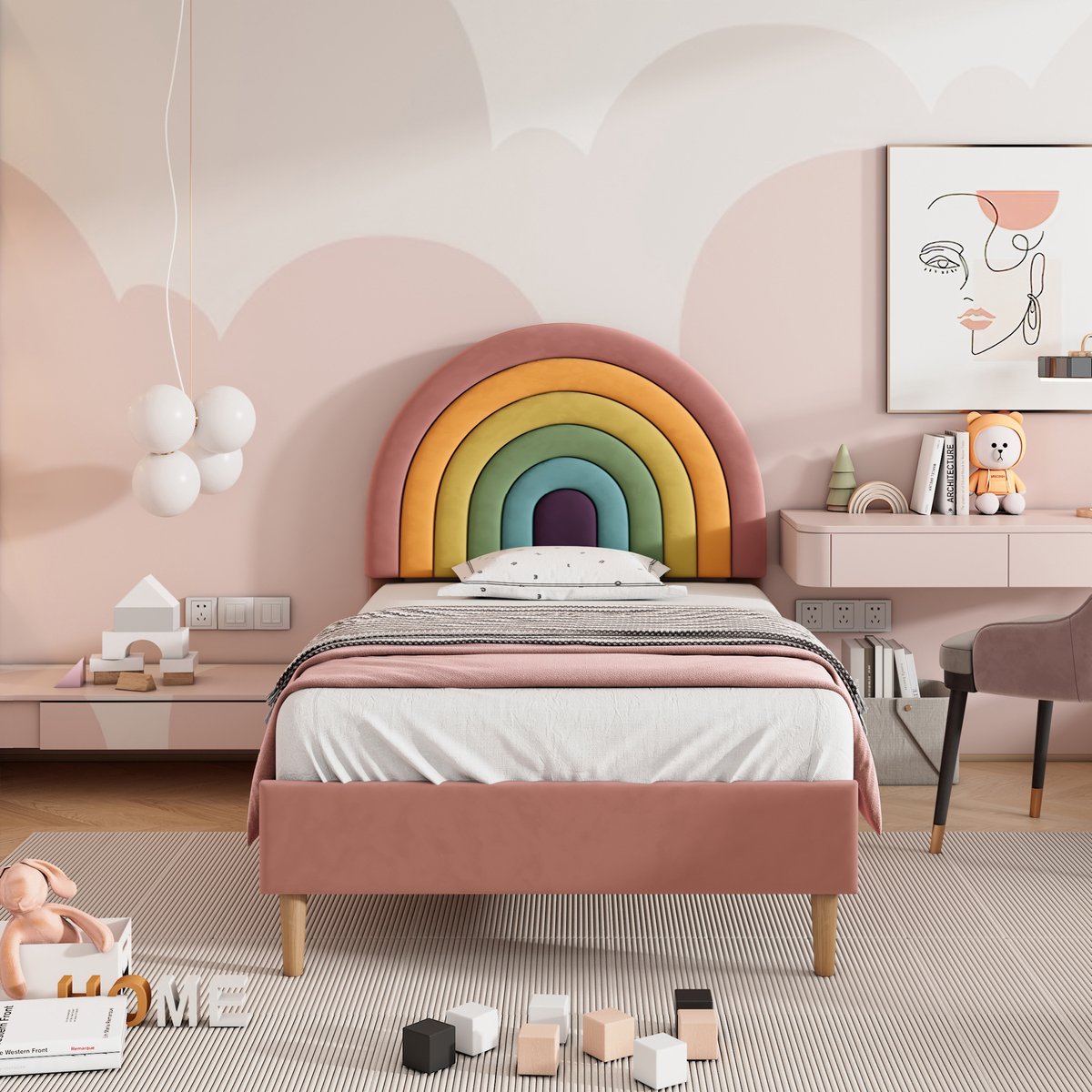 AURA LUMEN Gestoffeerd bed-Eenpersoonsbed-90 x 200 cm-Bed met hoofdbord-Höhenverstellbares kopfteil-Velvet-Rosa Roze