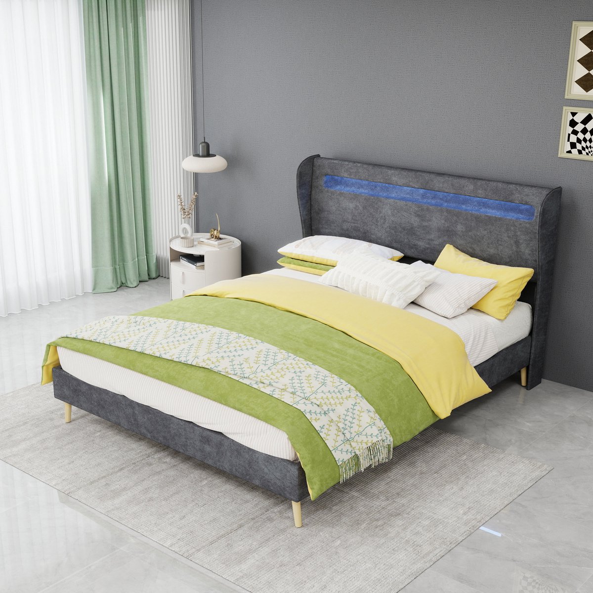 AURA LUMEN-Gestoffeerd bed-Twijfelaarbed-140x200 cm-LED-verlicht hoofdbord-zacht grijze stof